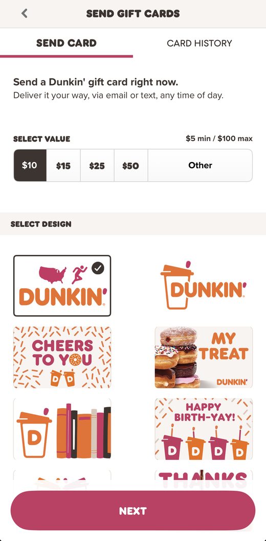 Dunkin app gift card screen with $10 selected