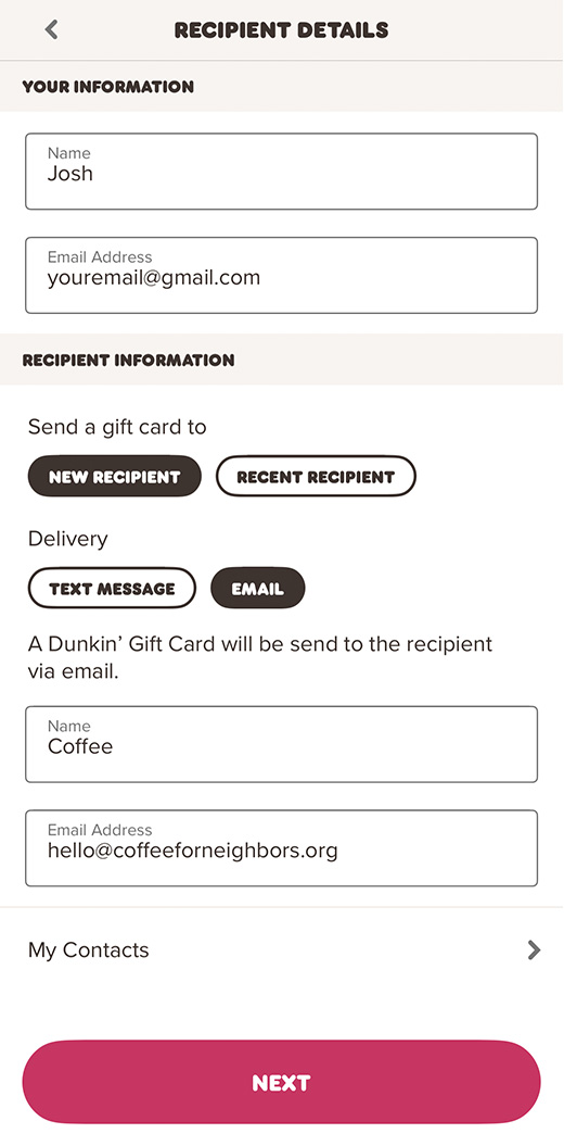 Dunkin recipient details screen showing email delivery and Coffee for Neighbors as the recipient
