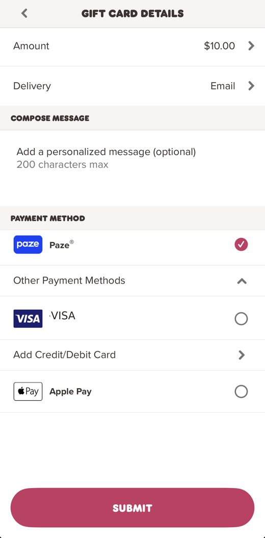 Dunkin checkout with $10, email delivery, and Paze selected